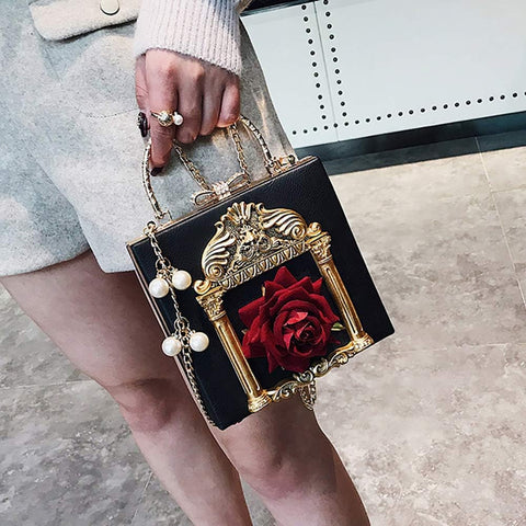 QZUnique Women Love Angel Floral Evening Bag Rose Embossed Formal Purse Clutch Black Gold Crossbody Pearl Chain Shoulder Bag QZUnique