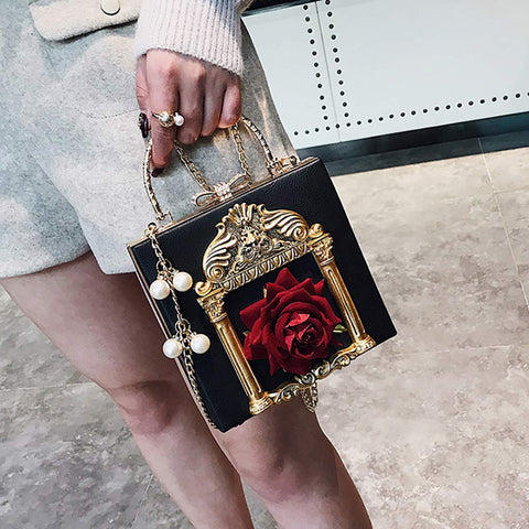 QZUnique Women Love Angel Floral Evening Bag Rose Embossed Formal Purse Clutch Black Gold Crossbody Pearl Chain Shoulder Bag QZUnique