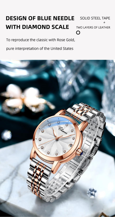 Verhux Elegant Automatic Skeleton Ladies Watches Two Tone Rose Gold and Silver Stainless Steel Waterproof Luminos Womens Wrist Watches