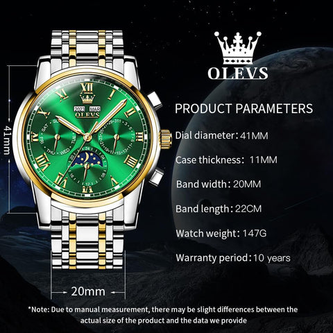 OLEVS Green Mens Automatic Watch Mechanical Self Winding Luxury Business Dress Moon Phase Stainless Steel Calendar Wrist Watches for Men Waterproof Luminous OLEVS