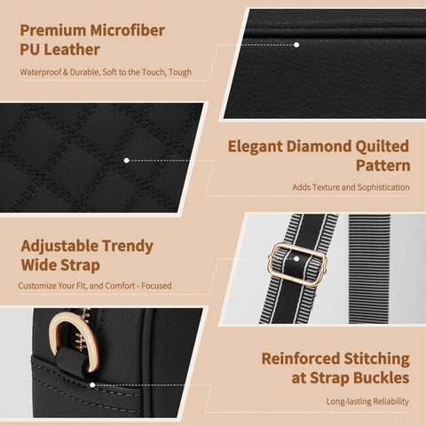 FYY Small Crossbody Bags for Women Quilted Vegan Leather Crossbody Purses for Women Travel with Adjustable Shoulder Strap Black