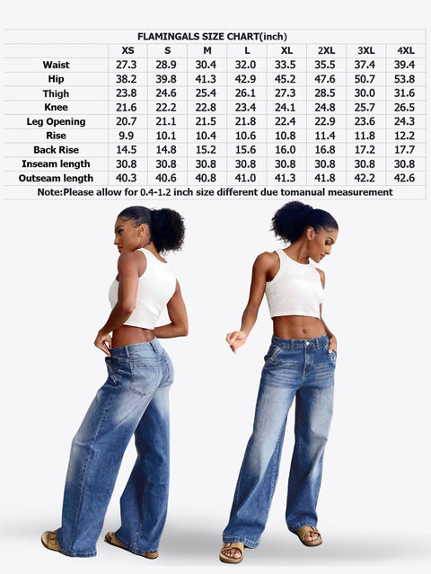 Flamingals Wide Leg Jeans for Women Mid Waist Baggy Stitch Decor Denim Washed Pants Without Belt Mid Blue L