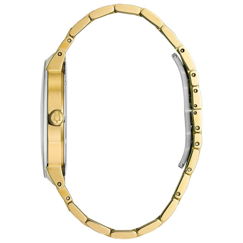 Bulova Men's Modern Gold Tone Stainless Steel 3-Hand Calendar Date Quartz Watch, Black Dial with Diamonds Style: 97D115 Bulova