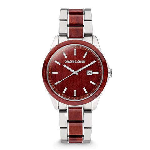 Original Grain Men's Rosewood Silver 43mm Analog Watch | Classic Collection, Brushed Stainless Steel, Adjustable Watch Band | 5ATM Water-Resistant, Scratch-Resistant | Fashion Wrist Watch for Men Original Grain