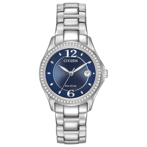 Citizen Women's Eco-Drive Dress Classic Crystal Watch in Stainless Steel, Blue Dial (Model: FE1140-86L) Citizen