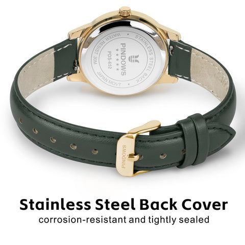 PINDOWS Minimalist Watches for Women, Gold-Tone Case with Black Leather Strap, Fashionable, Everyday Elegant Quartz Analog Dress Watch