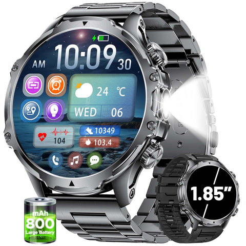 Militrary Smart Watch for Men,1.85" HD/800mAh Battery Smart Watches for Android/iOS (Bluetooth Call Answer/Calls)Fitness Tracker,Flashlight/IP68 Waterproof/100+ Sports/Sleep Tracker Smartwatch Large