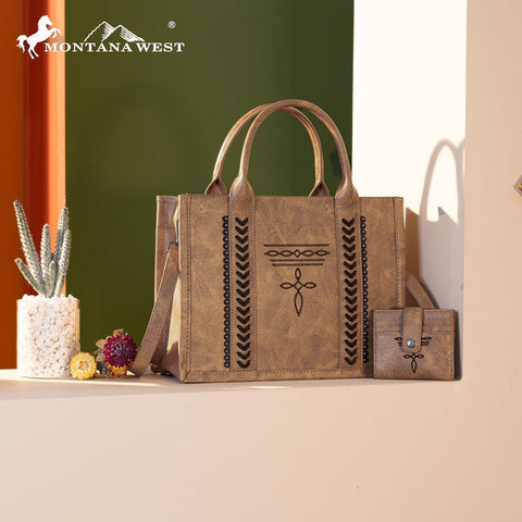 Montana West Longhorn Whipstitch Western Top Handle CC Pocket Tote Bag with Card Wallet Set Satchel Purse Vegan Leather Handbags Crossbody Bag for Women MW1124-H8120SWBR Montana West