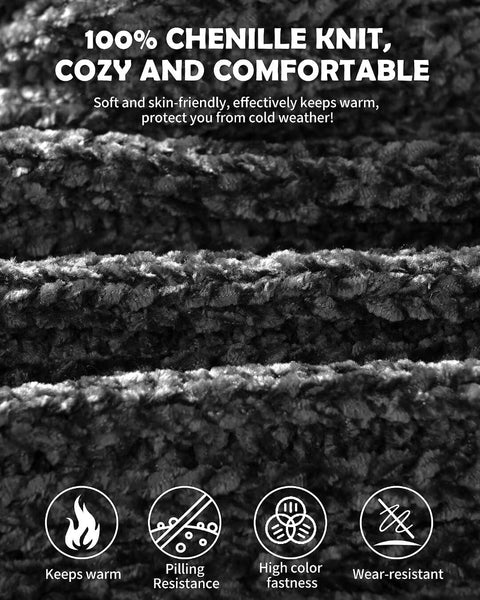 Women Beanie Scarf Gloves Headband Set for Winter, Chenille Beanie Hats Ear Warmer with Fleece Lined Knit Scarf Touchscreen Gloves, Fashion 4 in 1 Warm Xmas Gift Set for Cold Weather-Gray Winuesa