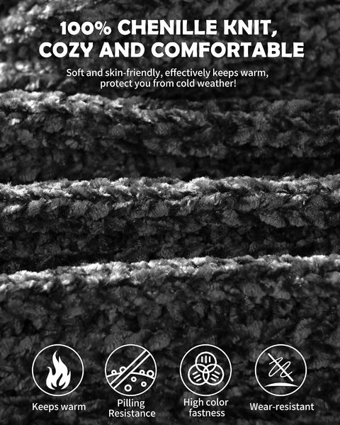 Women Beanie Scarf Gloves Headband Set for Winter, Chenille Beanie Hats Ear Warmer with Fleece Lined Knit Scarf Touchscreen Gloves, Fashion 4 in 1 Warm Xmas Gift Set for Cold Weather-Gray Winuesa
