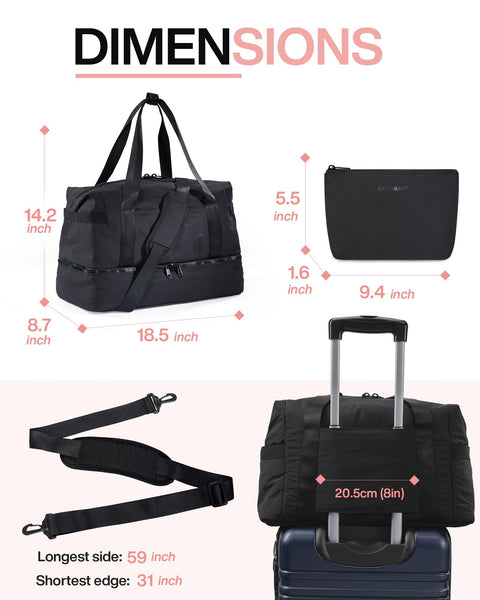 Weekender Bags for Women, BAGSMART Travel Duffel Bags with Shoe Compartment,Personal Item Travel Bag for Airlines, Carry on Overnight Tote Bag with Toiletry Bag (Black) BAGSMART