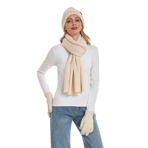 Coolprince Womens Long Scarf Gloves and Hat Set Cold Weather Hat Scarf Glove Set for Women Winter Beanie Hats with Pom Pom Apricot Coolprince