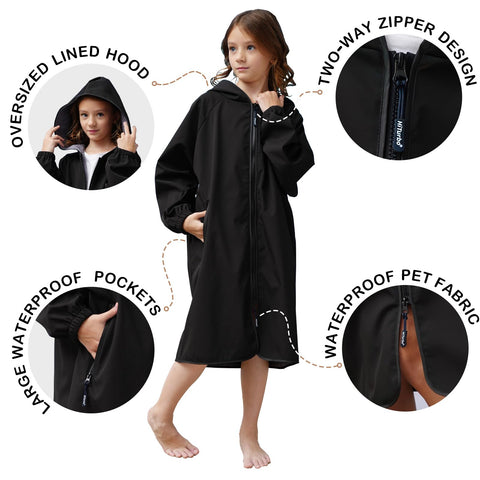 Hiturbo Kids Swim Parka: Waterproof Swimming Jacket Windproof Surf Poncho - Lightweight Hooded Swimmer with Quick-Dry Changing Towel Lined - Boys Girls 7-12 Years - Black