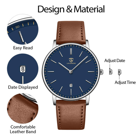 L LAVAREDO Watch for Men, Extremely Thin Mens Watches Minimalist Analog Men's Leather Wrist Watches with Time/Date, Birthday Gift for Men Boyfriend