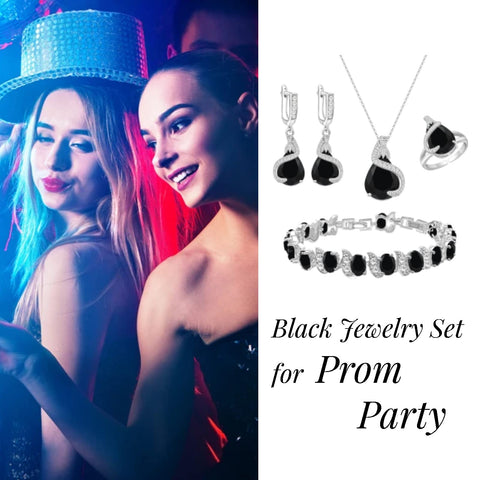 GZWHD Jewelry Set Gift for Women, Black Waterdrop Created Spinel, Party Prom Jewelry, Silver-Tone Earrings Necklace Bracelet Open Ring, Birthday Gifts for Best Friends Mom GZWHD