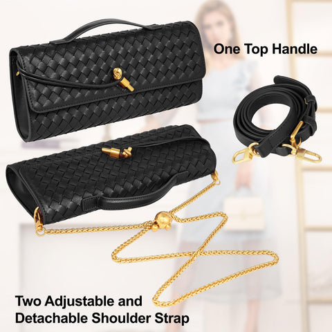XINGFENGSU Woven Evening Bag Clutch Purses For Women, Woven Leather Crossbody Bag Purse For Women With Gold Chain. (Black) XINGFENGSU