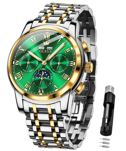 OLEVS Green Mens Automatic Watch Mechanical Self Winding Luxury Business Dress Moon Phase Stainless Steel Calendar Wrist Watches for Men Waterproof Luminous OLEVS