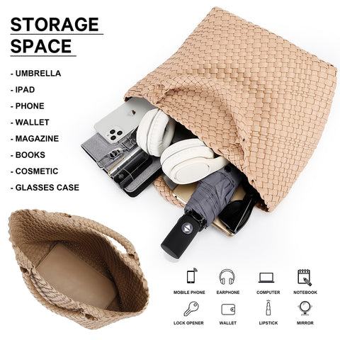 Woven Bag for Women, Vegan Leather Tote Bag Large Summer Beach Travel Handbag and Purse Retro Handmade Shoulder Bag (Apricot) Queenoris