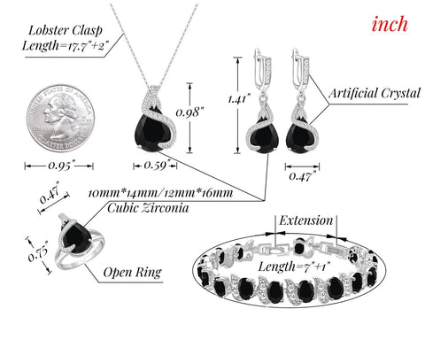 GZWHD Jewelry Set Gift for Women, Black Waterdrop Created Spinel, Party Prom Jewelry, Silver-Tone Earrings Necklace Bracelet Open Ring, Birthday Gifts for Best Friends Mom GZWHD