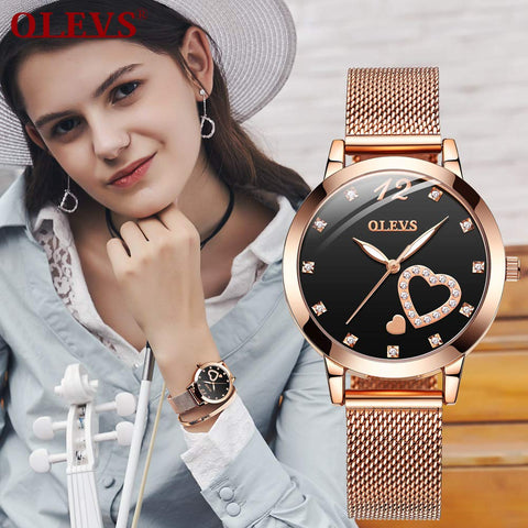 OLEVS Womens Watch Gift Set with Bracelet Rose Gold Minimalist Slim Thin Casual Dress Analog Quartz Wrist Watches for Lady Female Waterproof Black Dial Two Tone