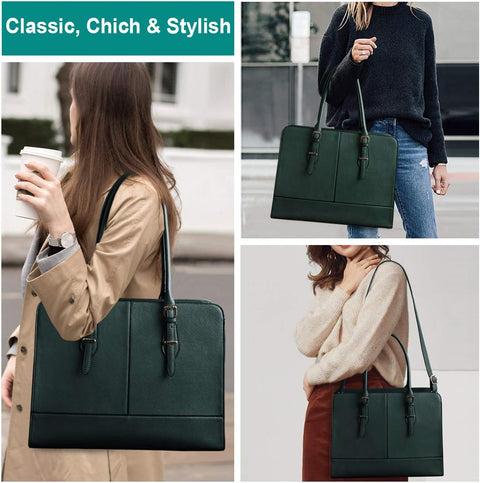 Laptop Bag for Women Leather Work Tote 15.6 Inch Laptop for Computer Bag Waterproof Business Office Professional Large Capacity Handbag Shoulder Bag DeepGreen KTMOUW