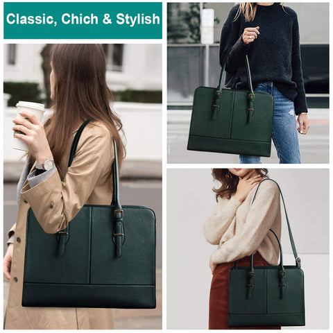 Laptop Bag for Women Leather Work Tote 15.6 Inch Laptop for Computer Bag Waterproof Business Office Professional Large Capacity Handbag Shoulder Bag DeepGreen KTMOUW