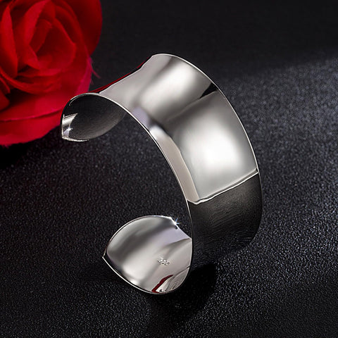 Dankadi Women 925 Sterling Silver Curved Bangle 30MM Wide Grooved Cuff Bangle Girls Shiny Punk Open Bracelet Adjustable Plated 24k Gold/Rose Gold Jewelry Gift (Silver, Adjustable) Dankadi