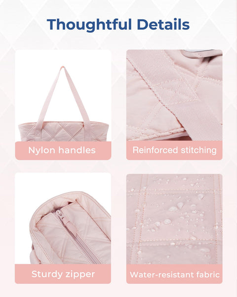 BAGSMART Tote Bag for Women, Large Tote Bag with Zipper, Quilted Puffer Bag Gym Bag Top Handle Handbag for Travel Work, Pink BAGSMART