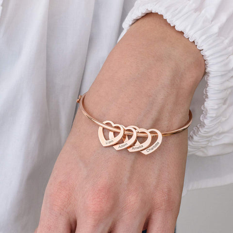 MyNameNecklace MYKA - Personalized Bracelet Bangle with Heart Pendants - Custom Made Multiple Pendant Jewelry Wife Women Christmas Gift (Rose Gold Plated Sterling Silver) MyNameNecklace