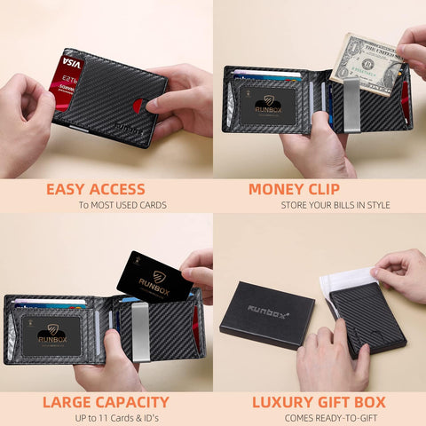 RUNBOX Slim Wallets for Men - Leather Money Clip Mens Wallet - RFID Blocking Front Pocket Bifold Wallet - Thin Credit Card Holder with Gift Box RUNBOX