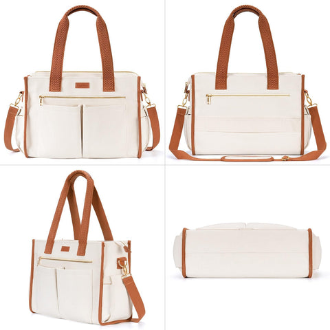 Canvas Tote Bag for Women, 15-Pocket Large Crossbody Purse Shoulder Satchel Handbag Bible Laptop Bag Zipper Bookbag for Teacher Nurse Work Travel College Everyday