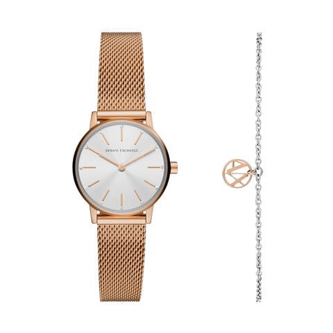 A｜X ARMANI EXCHANGE Women's Rose Gold-Tone Stainless Steel Mesh Watch and Bracelet Gift Set (Model: AX7121) Armani Exchange
