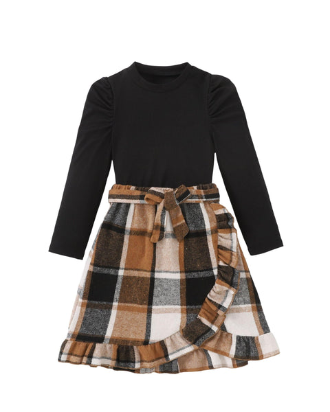 Yhnslsf Clothes for Girls 13-14Years, Fall Outfits 2 Piece Skirt Set Black Long Sleeve Ruffle Sleeve Top Dark Apricot Irregular Pleated Plaid Skirt Set Winter Preppy Clothing for Teen Girl