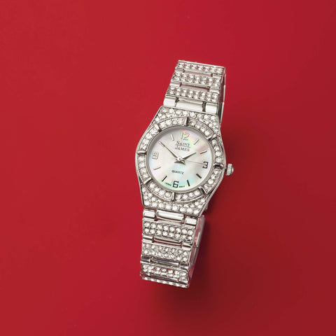 Ross-Simons Saint James Women's 25mm Crystal and Mother-of-Pearl Watch in Stainless Steel Ross-Simons