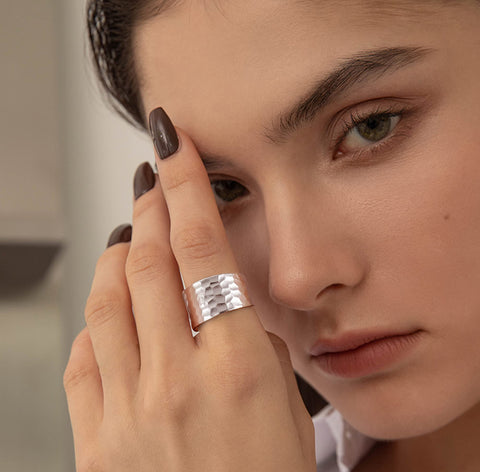 Milacolato S990 Sterling Silver Handmade Wide Band Ring High Polished Handmade Dome Ring Hammered Band Ring for Women Men, Adjustable to Size 7-11 MILACOLATO