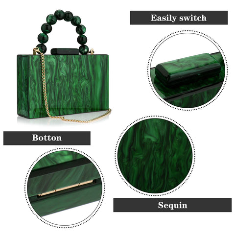 Acrylic Purses Evening Clutch Bag Marbling Handbags for Women Cross Body Bag with Pearl Chain Formal Wedding Prom Party (Dark Green) jessie