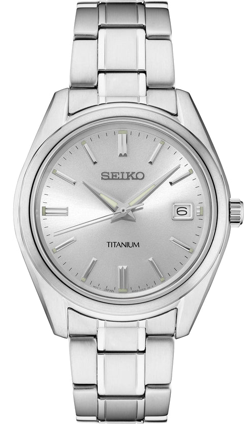 Seiko SUR369 Watch for Men - Essentials - Silver Dial with Sunray Finish, Date Calendar, Titanium Case & Bracelet, Sapphire Crystal, and 100m Water Resistant SEIKO