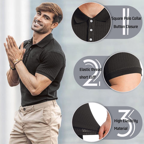 Collared Muscle Polo Shirts Men Slim Fit Textured Knit Polo Shirts Short Sleeve Button Down Shirts Casual Stylish Black