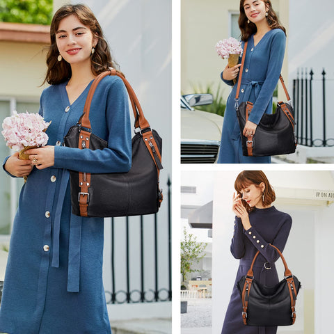 Over Earth Genuine Leather Handbags for Women Hobo Shoulder Bag Ladies Leather Tote Bag(O172E Black/Brown) Over Earth