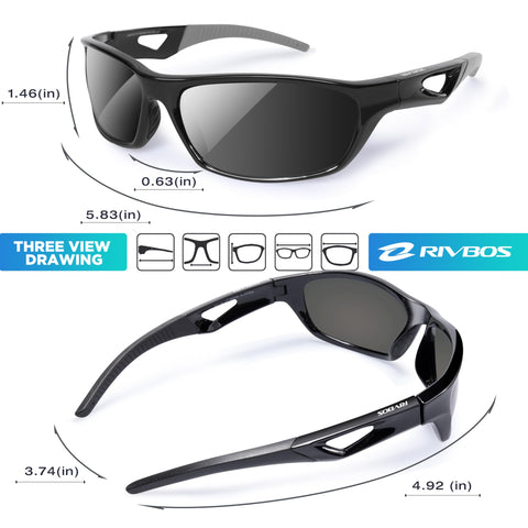 RIVBOS Polarized Sports Sunglasses Driving Sun Glasses Shades for Men Women Tr90 Frame for Cycling Baseball Running Rb831 Black&Grey, Large