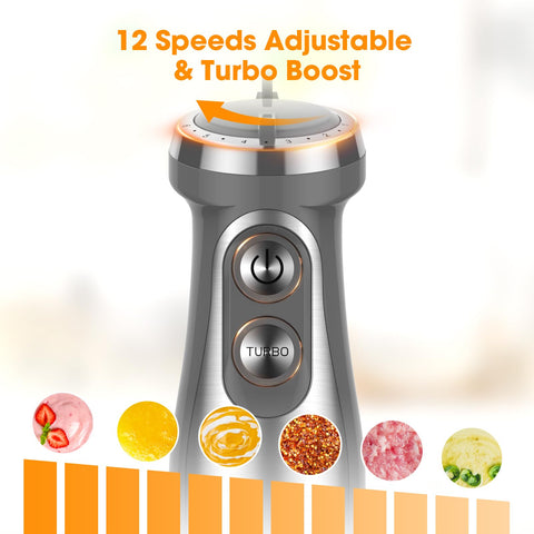 FUNAVO.vo Immersion Blender, 1000W Anti-scratch 5-in-1 Hand Blender, Upgraded 12 Speed Stainless Steel Blade Stick Blender with Turbo Mode, 20oz Beaker, 17oz Chopping Bowl, Whisk, BPA-Free FUNAVO.vo