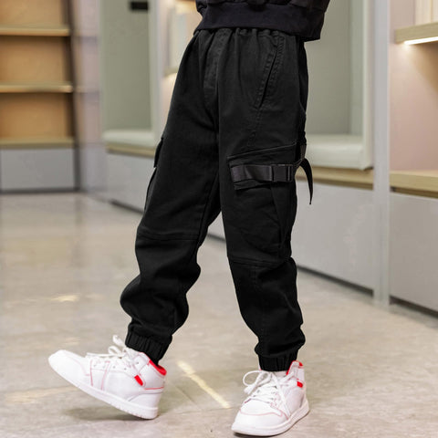 Boys Cargo Pants Cotton Casual Pants Elastic Waist Hiking School Uniform Sweatpants Joggers (Black, 10-12)
