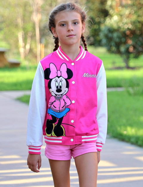 Disney Minnie Mouse Toddler Girls Varsity Bomber Letterman Baseball Jacket Letter Print Lightweight Sweatshirt Button up Clothes Color Block Coat 4-5T