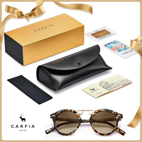CARFIA Small Face Acetate Polarized Sunglasses for Women UV Protection, Retro Double Bridge Eyewear Metal Brow Round Sunnies