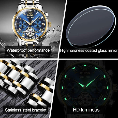 OLEVS Watches for Men Automatic Mechanical Self Winding Blue Dress Tourbillon Stainless Steel Dual Calendar Waterproof Luminous Wrist Watch OLEVS