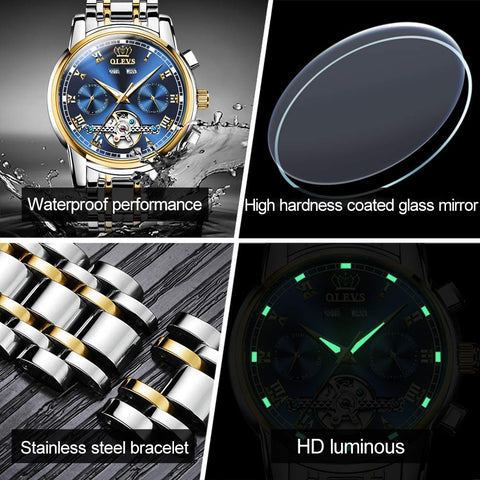OLEVS Watches for Men Automatic Mechanical Self Winding Blue Dress Tourbillon Stainless Steel Dual Calendar Waterproof Luminous Wrist Watch OLEVS