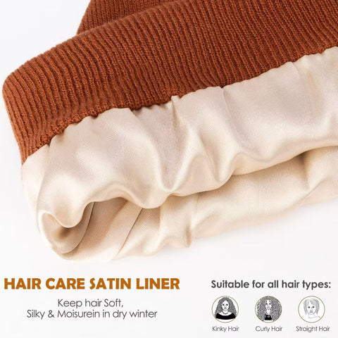 3 Pack Satin Lined Winter Beanie Hats for Women Men,Silk Lined Beanie Knit Soft Warm Cuffed Hat(Black+Dark Gray+Caramel) SENPUKI