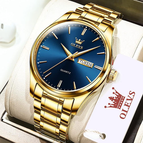 OLEVS Men's Gold Watch,Men Watch Blue Dial Classic Dress Watch with Day Date Satinless Steel Waterproof Fashion Casual Luxury Watch for Man Quartz Simple WristWatches Man,relojes de Hombre OLEVS
