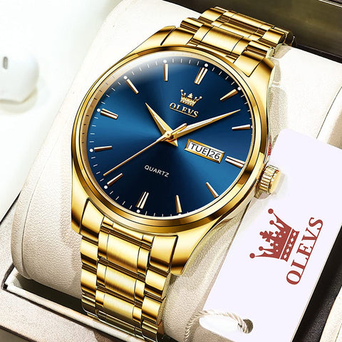 OLEVS Men's Gold Watch,Men Watch Blue Dial Classic Dress Watch with Day Date Satinless Steel Waterproof Fashion Casual Luxury Watch for Man Quartz Simple WristWatches Man,relojes de Hombre OLEVS