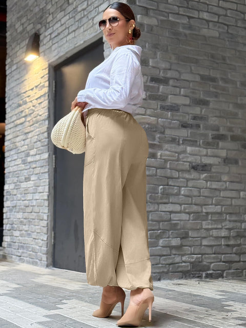 ZAFUL Women Linen Pants Drawstring Elastic Waisted Casual Palazzo Harem Pants Lounge Beach Summer Pants with Pockets 2025 Travel Vacation Outfits Apricot L